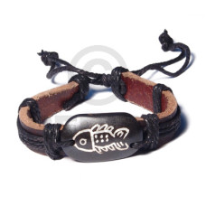 Natural surfer black leather bracelet tribal fish