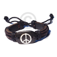 Natural surfer black leather bracelet peace symbol