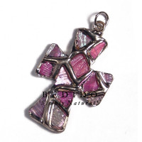Cross glistening pink abalone molten silver metal pendant