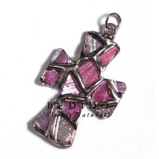 Cross glistening pink abalone molten silver metal pendant